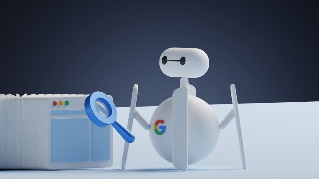 a white robot meant to represent crawling for link building